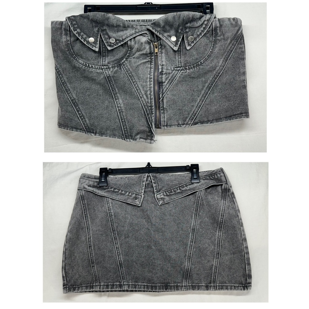 Pretty Little Thing Grey Denim Mid Rise Fold Over‎ Mini Skirt & Top US 10 Petite